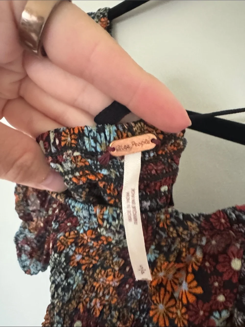 Free People Black & Teal Floral Smocked Puff-Sleeve Top Small